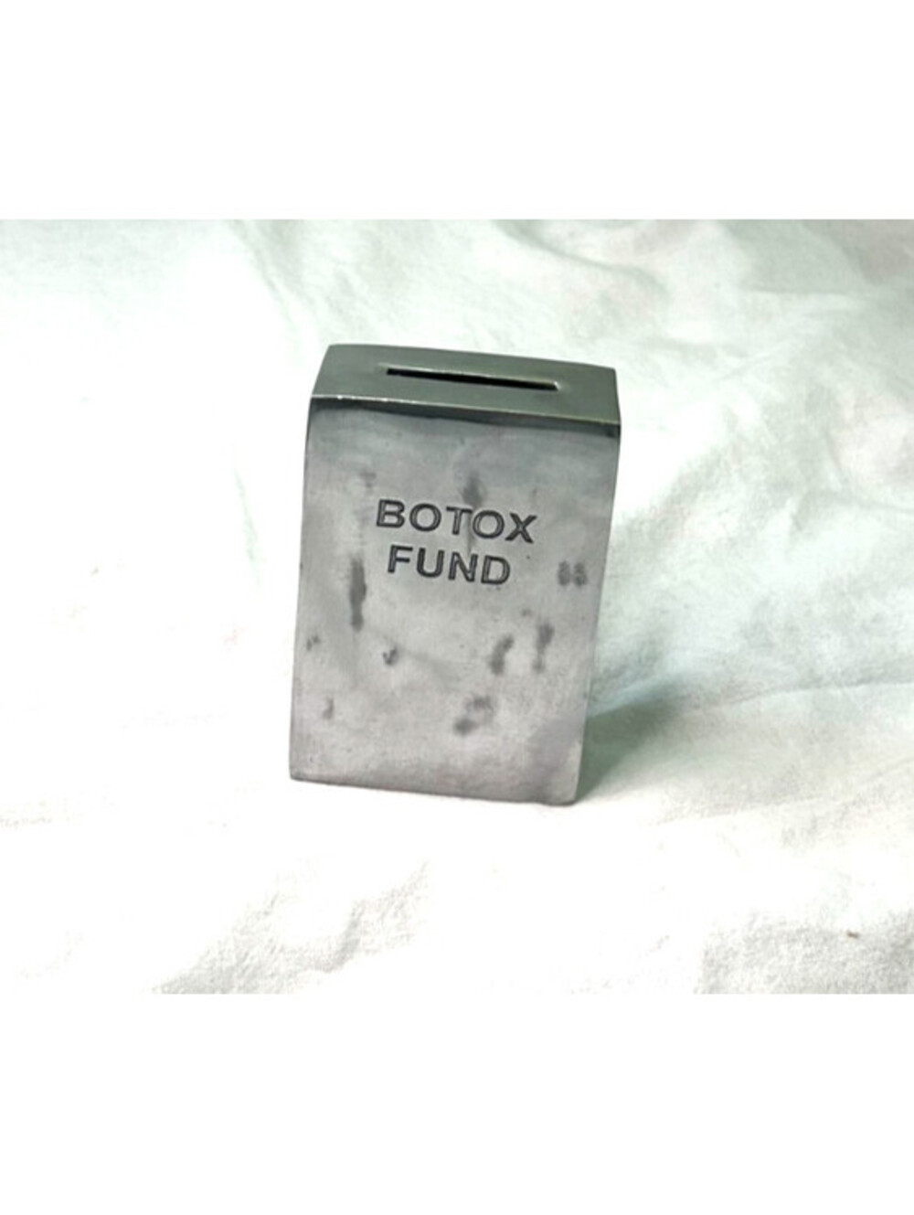 Silver Metal Aluminum Coin Piggy Bank Botox Fund by Bombay Duck 4.5"